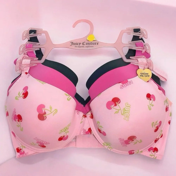 Juicy Couture Sexy Cherry Print, Pink, Black 3 Piece Pushup Bra Set Size 36D - Picture 2 of 6